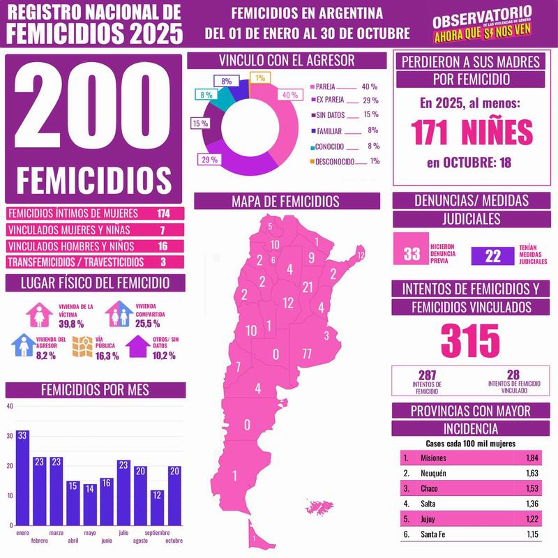 Octubre cerró con 200 femicidios en lo que va del año, uno cada 36 horas