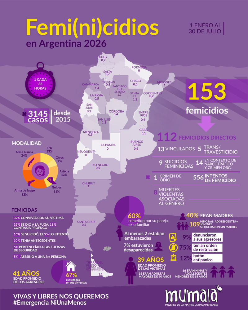 Con solo el 9% de denuncias previas, ya hubo 153 femicidios en lo que va del año