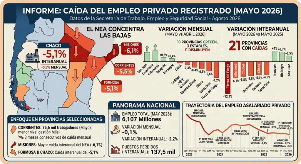 Chaco, Corrientes, Formosa y Misiones, con marcados descensos en empleo privado