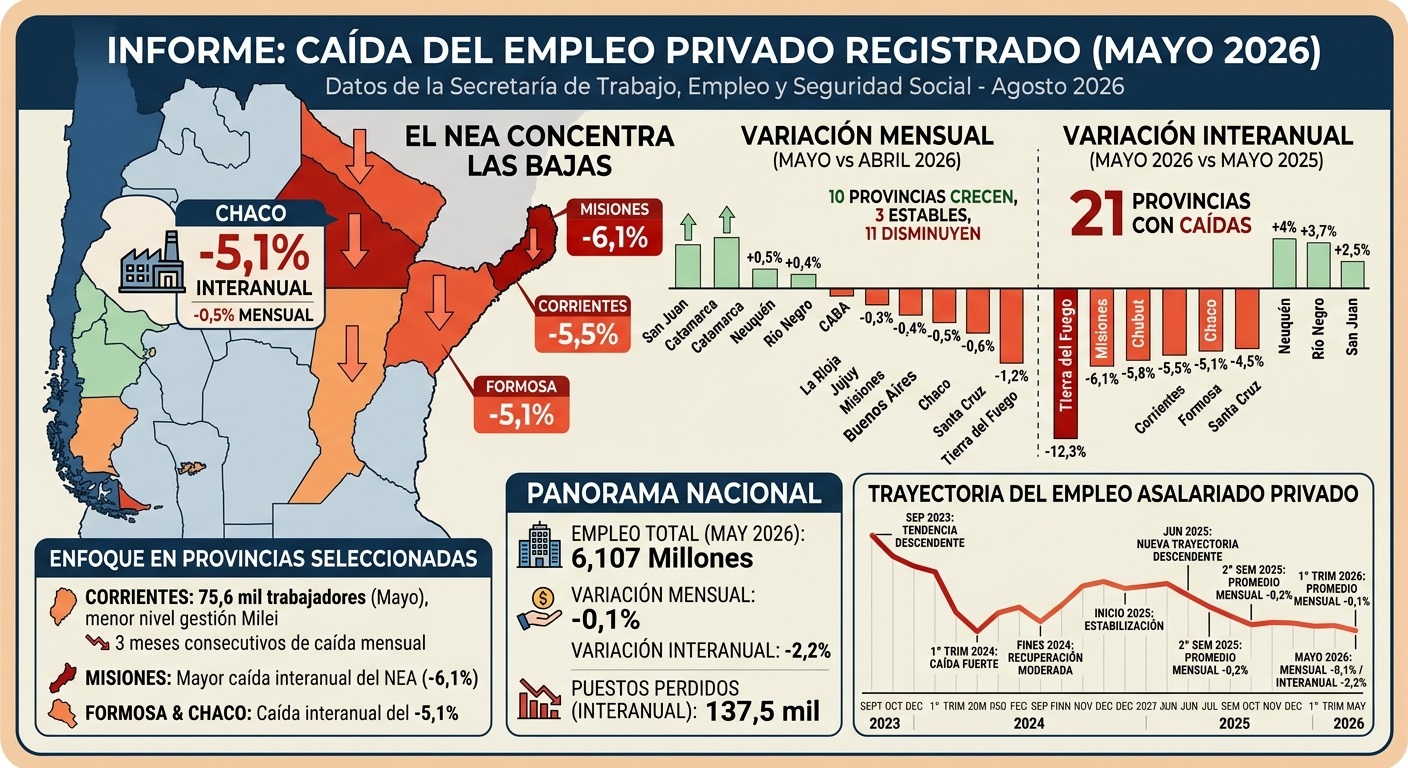 Chaco, Corrientes, Formosa y Misiones, con marcados descensos en empleo privado