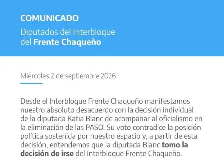 El Frente Chaqueño rompió con Katia Blanc tras su voto por las PASO